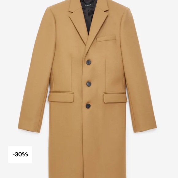 BEIGE STRAIGHT-CUT WOOL COAT LEATHER DETAIL - Picture 1 of 5